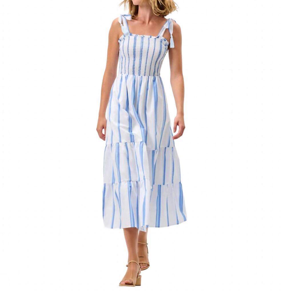 NEW JOHNNIE-O sasha cotton blend sleeveless midi dress in white/blue stripe